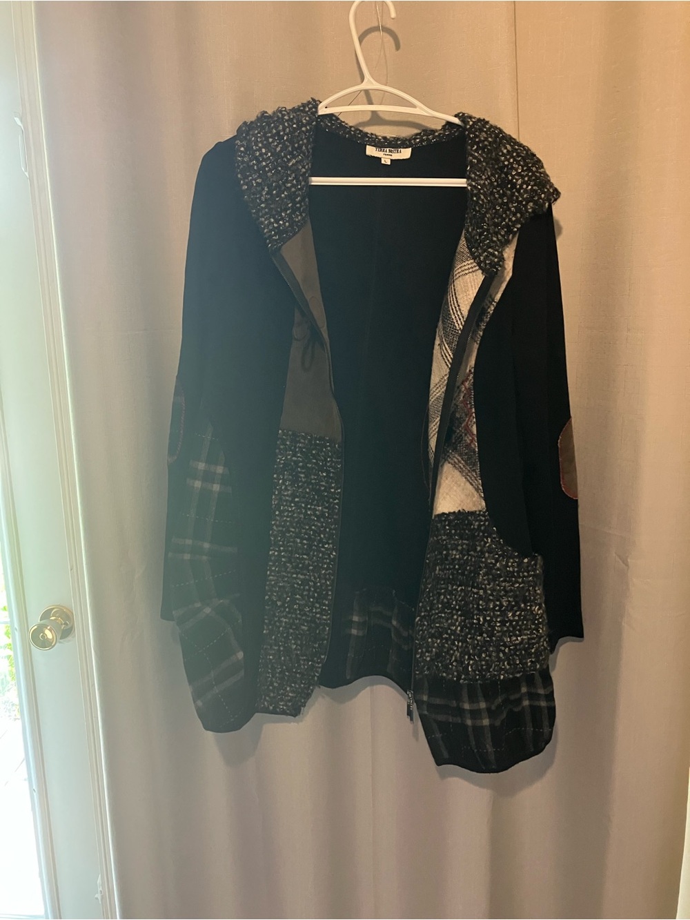 Women's Black Mixed-Texture Hooded Cardigan Sweater